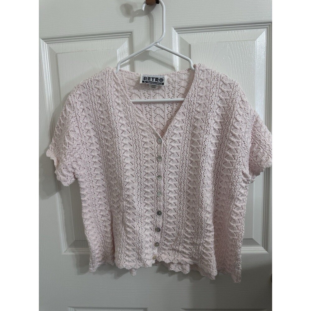 Y2K Feminine, Light Pink Knit, Button Front, Cardigan Large, Short Sleeve